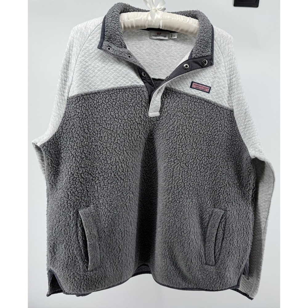 Vineyard Vines Pullover XL Gray Sherpa Fleece Snap Neck Cozy Preppy Casual Coast